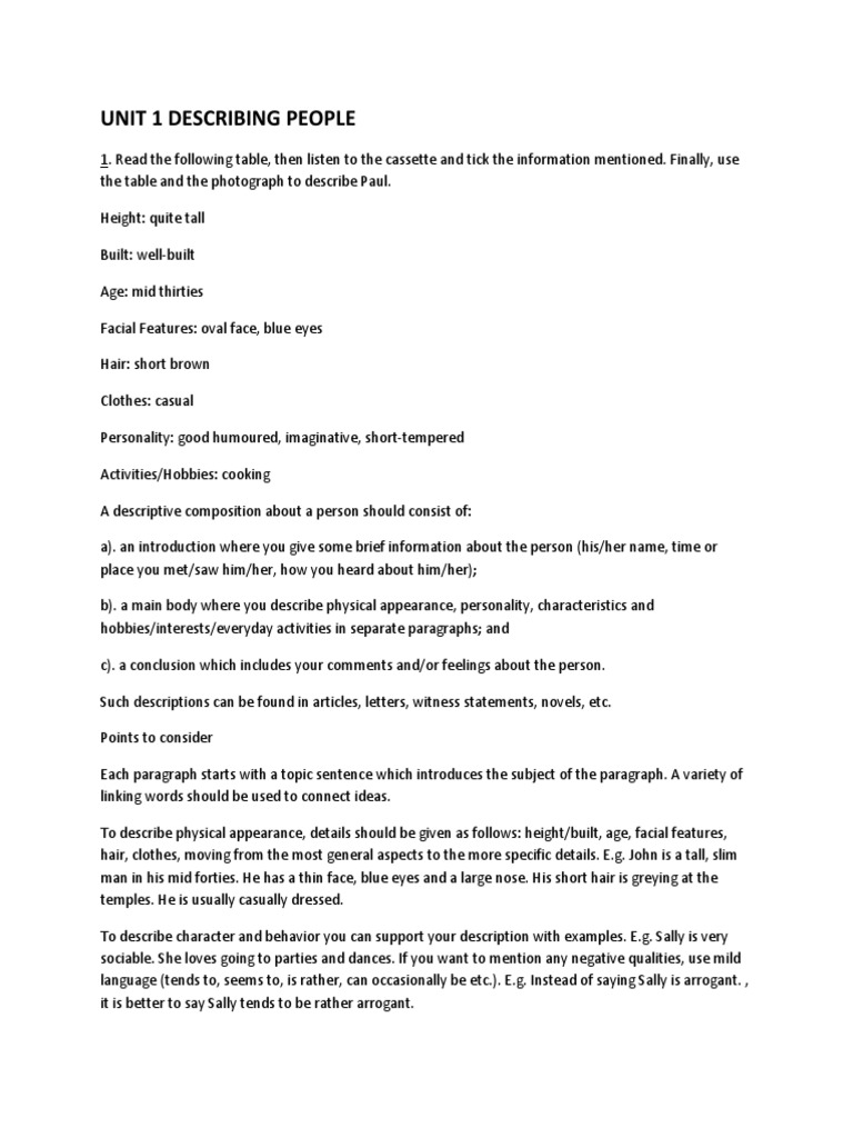 Unit 1 Describing People Pdf