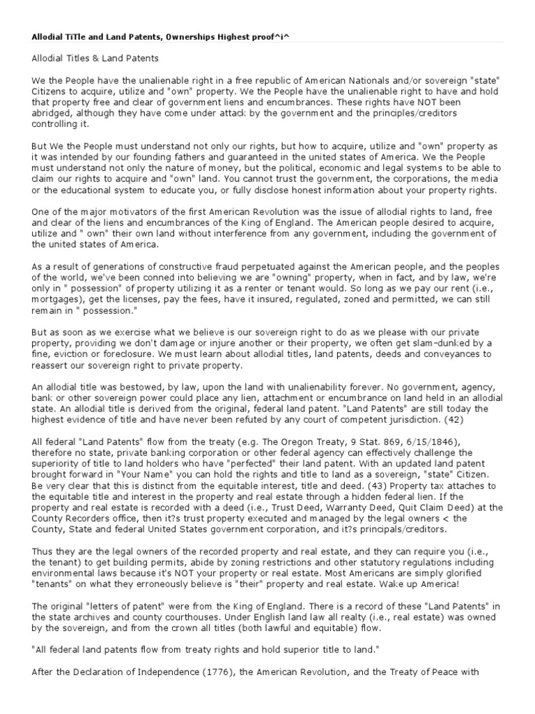 Allodial TiTle and Land Patents | PDF | Real Property | Mortgage Law