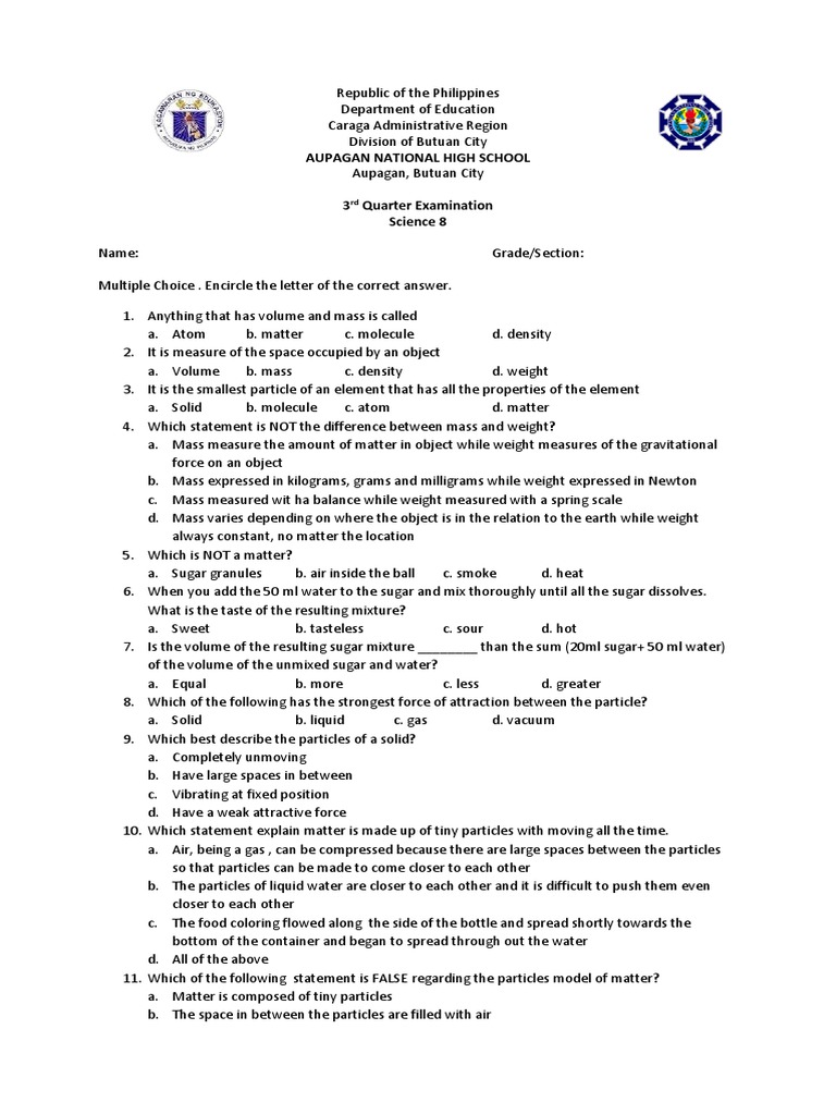 3rd Quarter Exam Science 8 PDF Evaporation Periodic Table