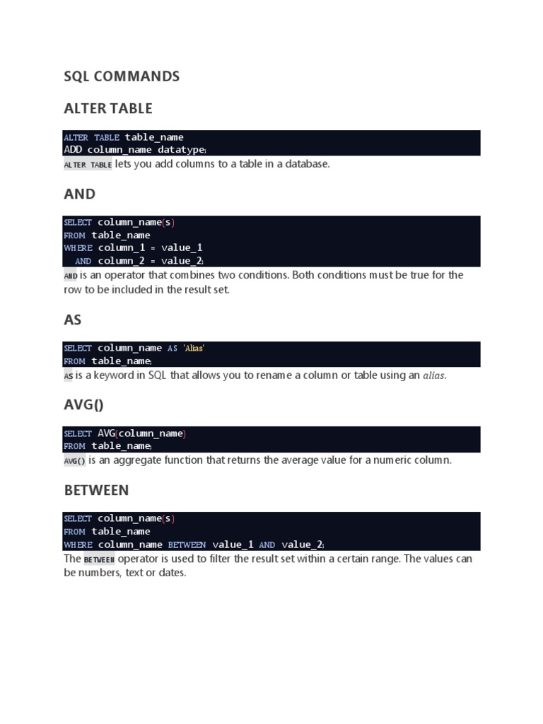 SQL Commands Glossary PDF | PDF | Table (Database) | Information ...