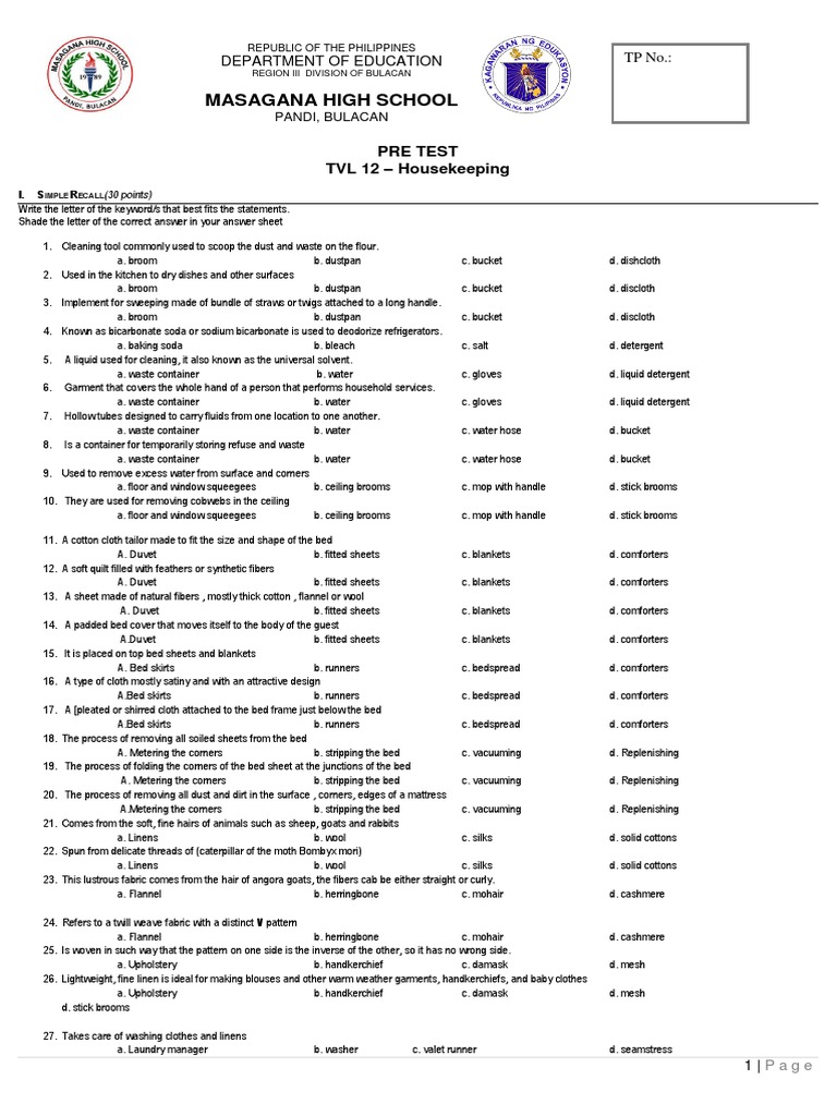 Housekeeping 12 Exam | PDF | Bedding | Bed