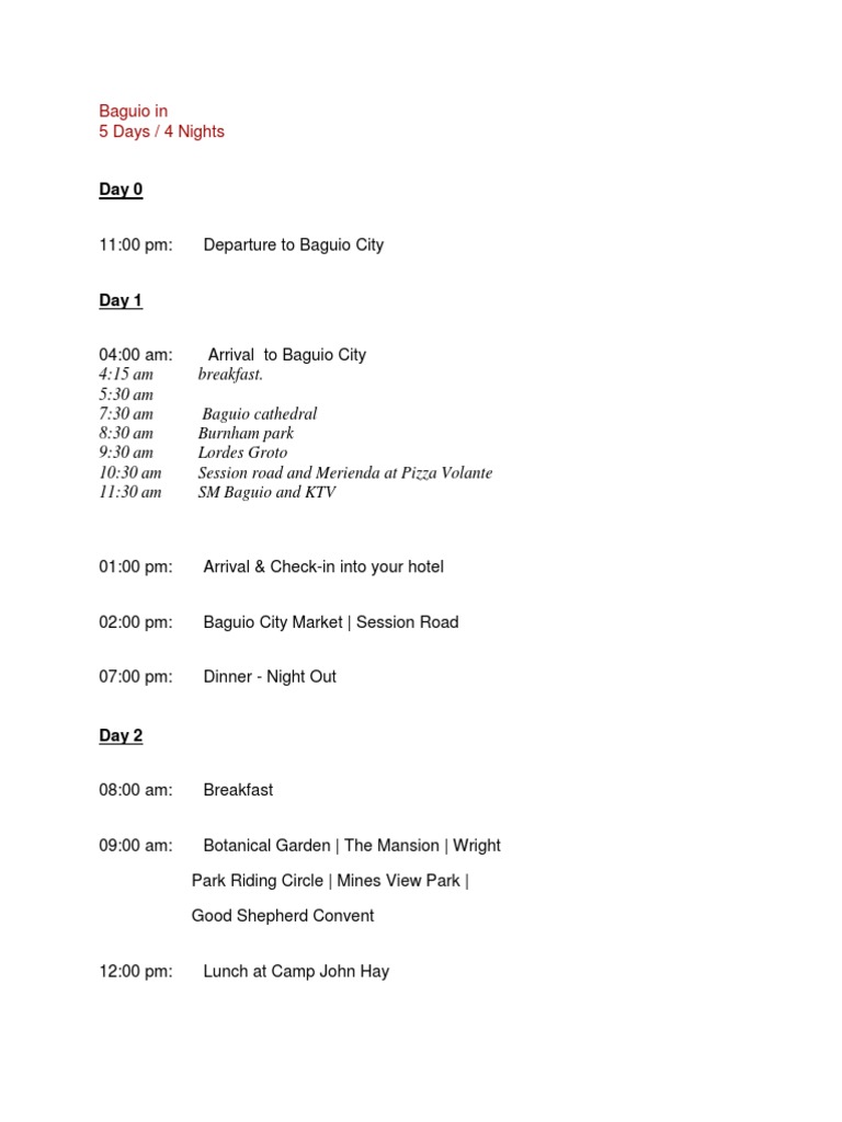 Baguio Itinerary | PDF | Leisure | Nature