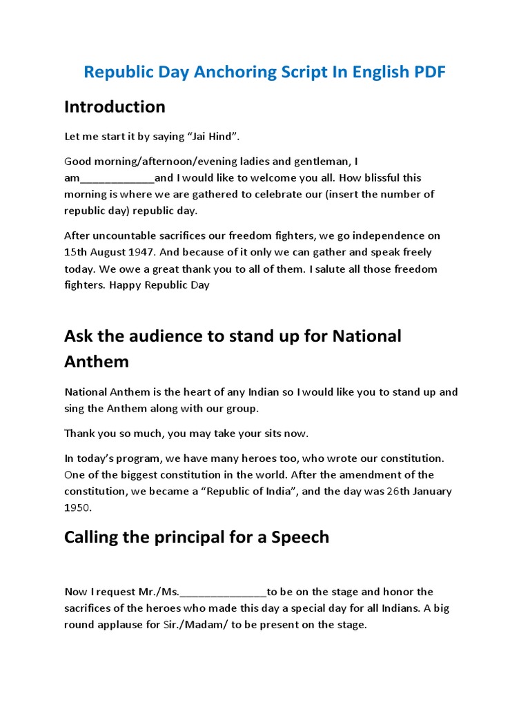 Republic Day Anchoring Script In English Pdf Pdf