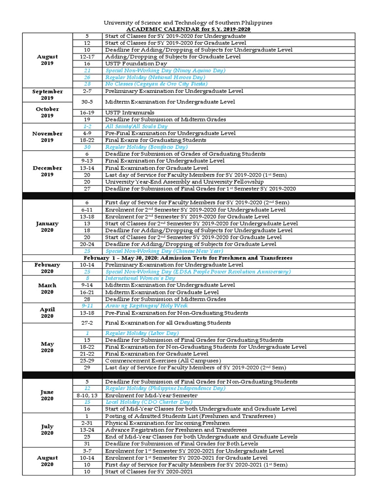 USTP Calendar SY 2019 2020 PDF | PDF | Academic Term | Undergraduate