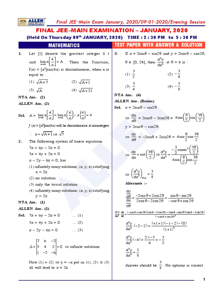 0901 Mathematics Paper With Ans Solution Evening Elementary Geometry Mathematical Analysis