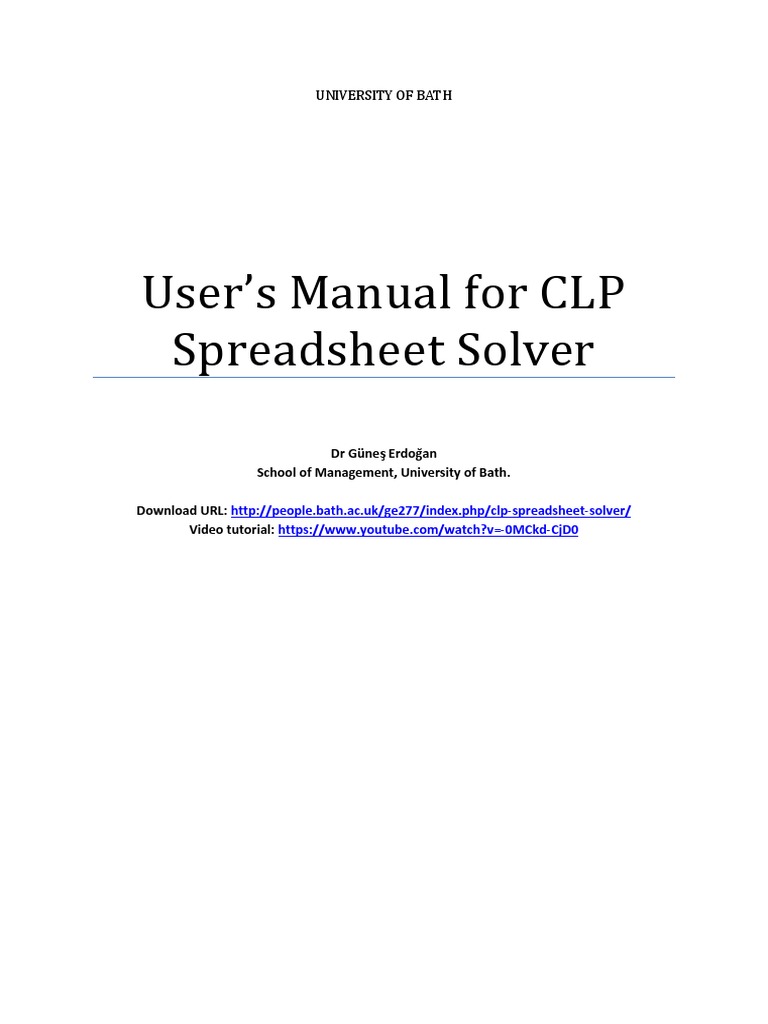 CLP Spreadsheet Solver User Manual | PDF | Spreadsheet | Worksheet