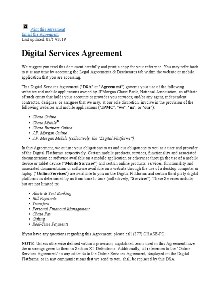 CHASE Digital Services Agreement PDF Payments Overdraft