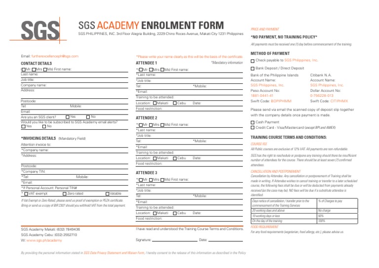 SGS Academy Training Enrollment Form | PDF | Payments | Value Added Tax