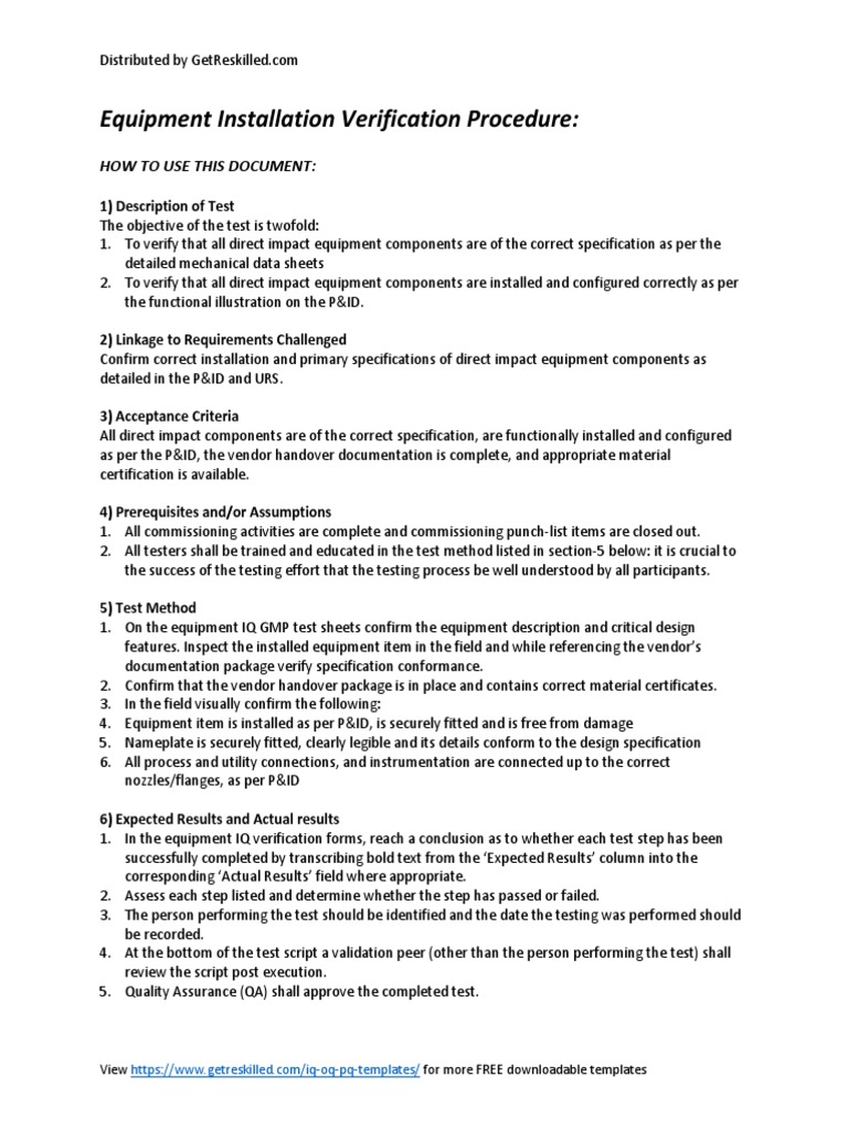EquipmentInstallationVerificationTestingProceduresandValidationProtocolGMPChecksheets