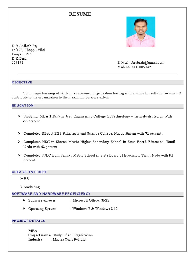 simple resume format tamil