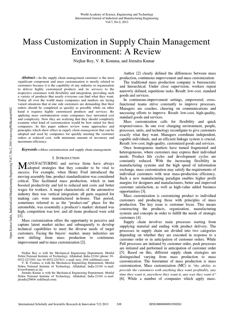 Mass Customization in Supply Chains | PDF | Supply Chain | Business ...