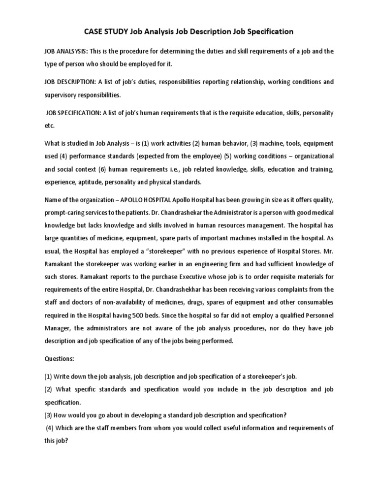 CASE STUDY Job Analysis Job Description Job Specification PDF Human