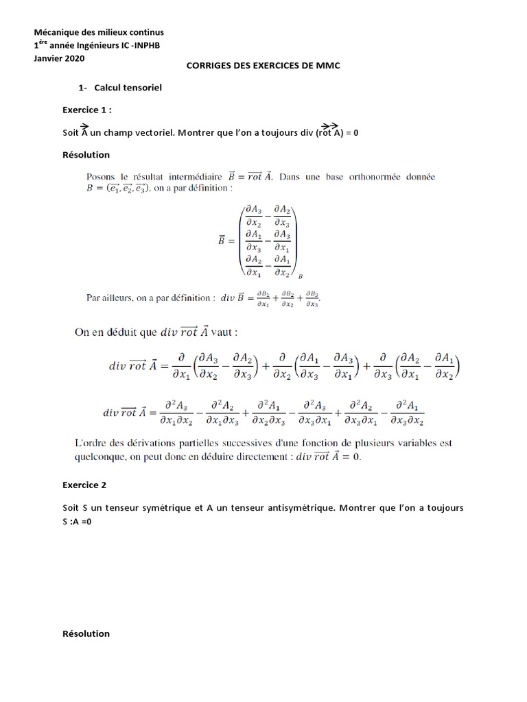 CORRIGES EXERCICE DE MMC Inphb Janv 2020 | PDF | Tenseur | Physique ...
