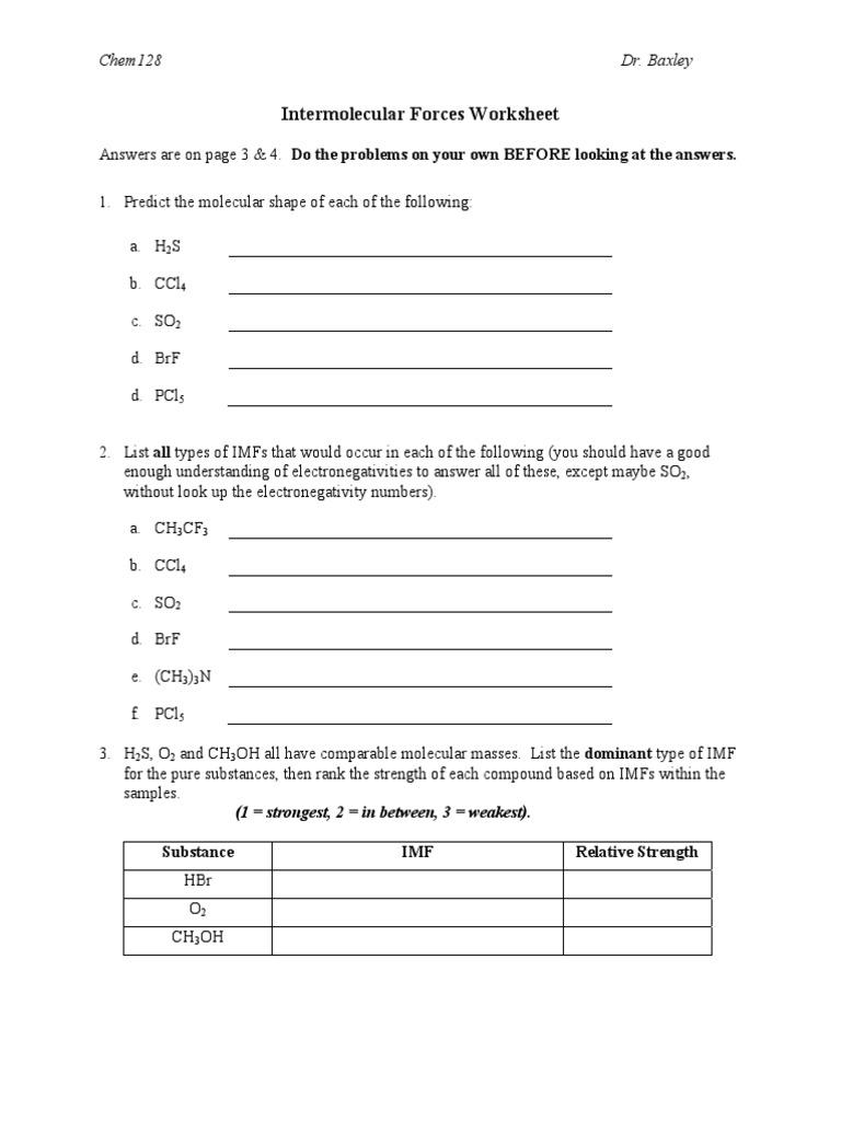 Intermolecular Forces Worksheet With Key | PDF | Chemical Polarity | Intermolecular  Force