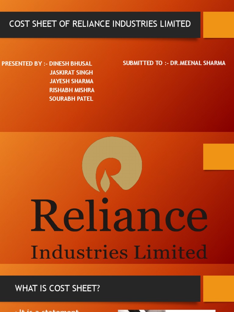 COST SHEET OF Reliance PDF