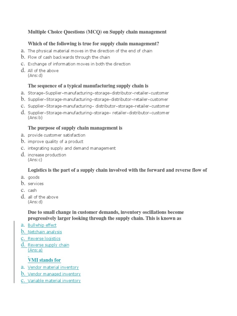 Multiple Choice Questions Distrubution Logistic Pdf Supply Chain Inventory