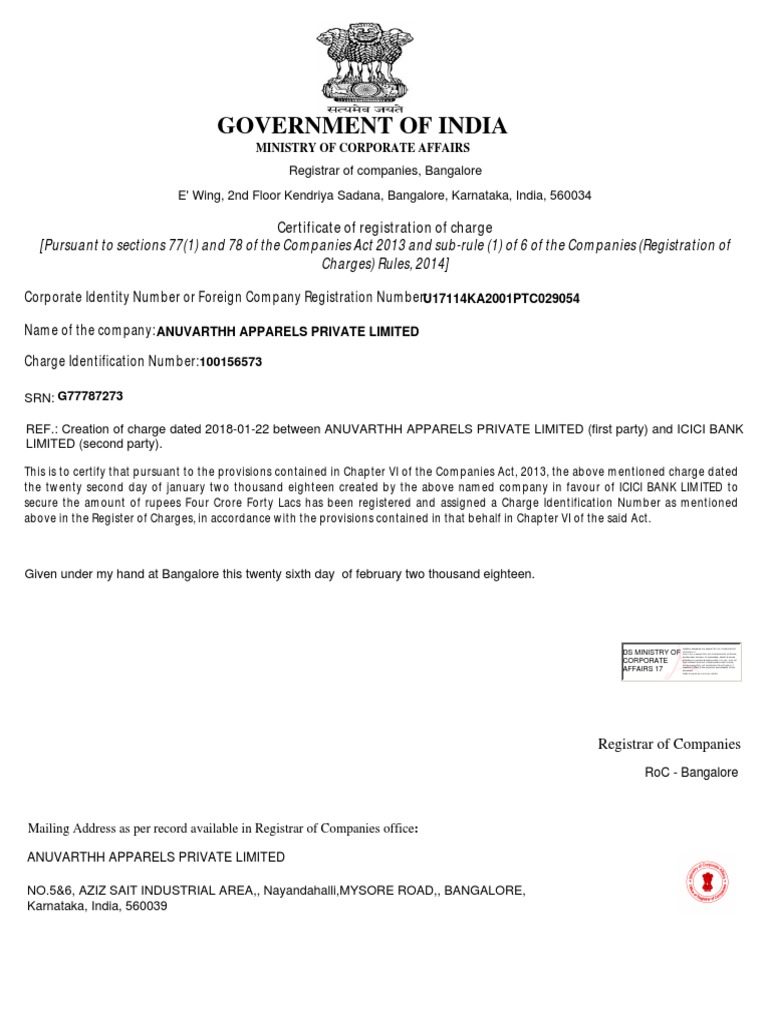 Certificate of Registration of Charge 20180226 PDF PDF Bangalore Government Information