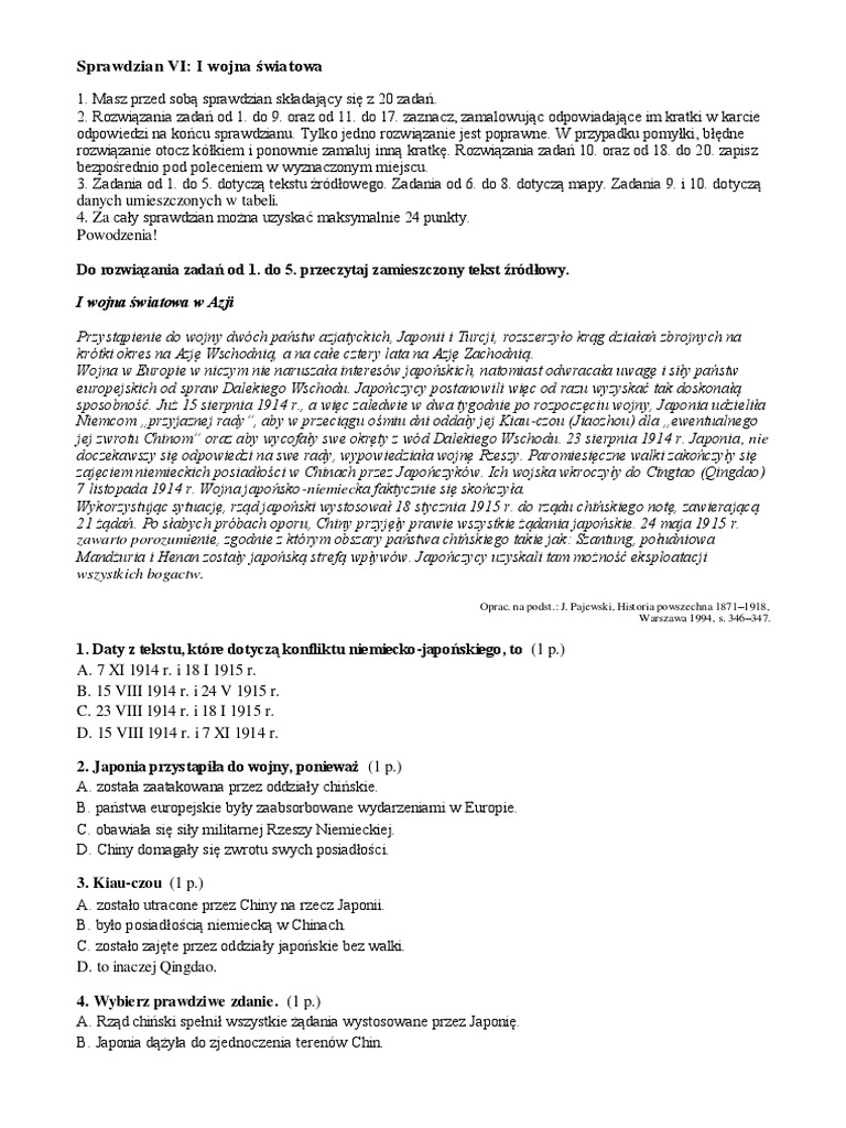 1 Wojna światowa Sprawdzian Klasa 7 Gwo