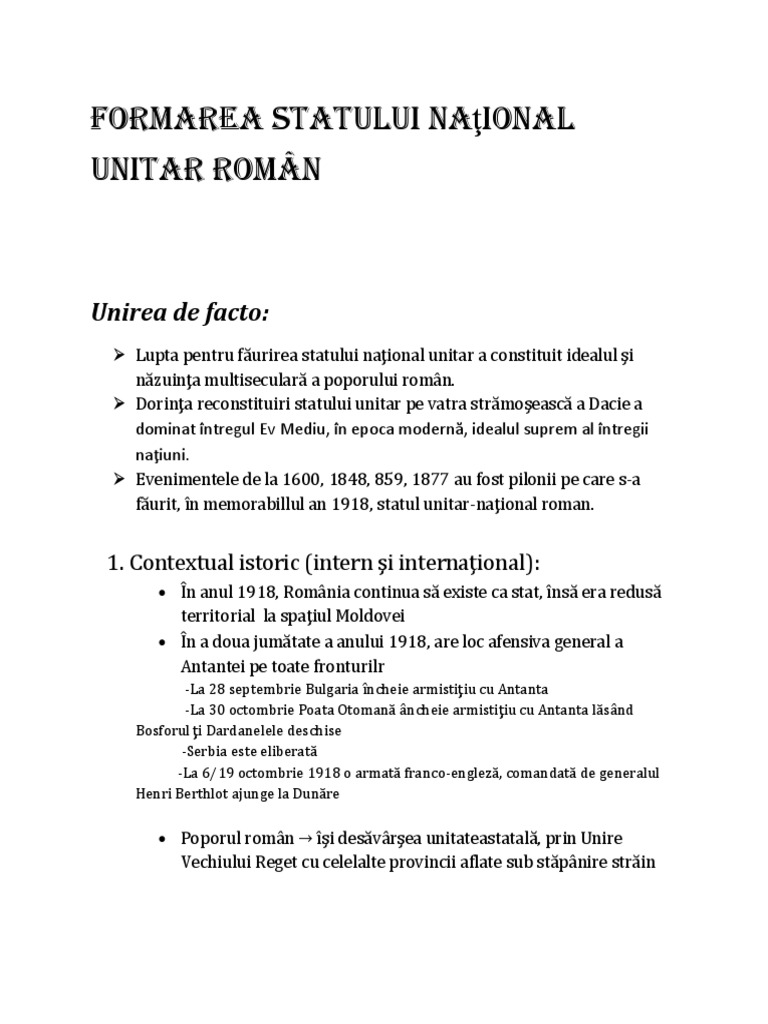 Formarea Statului Naţional Unitar Român | PDF
