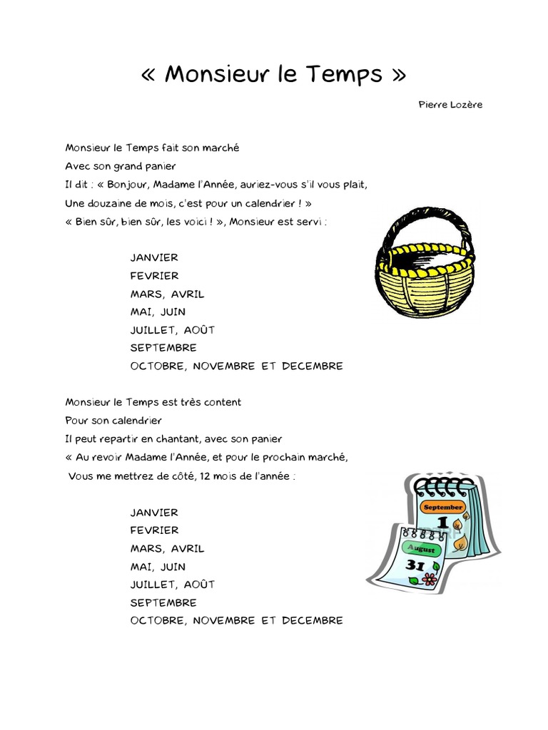 Poésie Les 12 Mois De L année Pdf Ls - Monsieur.le .Temps | PDF