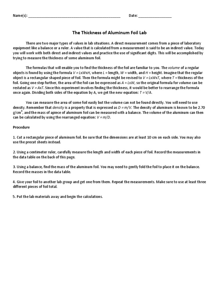 Thickness of Alum. Foil Lab PDF Density Volume