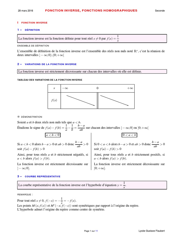 Fonction Inverse et Homographiques Seconde | PDF | Fonction ...
