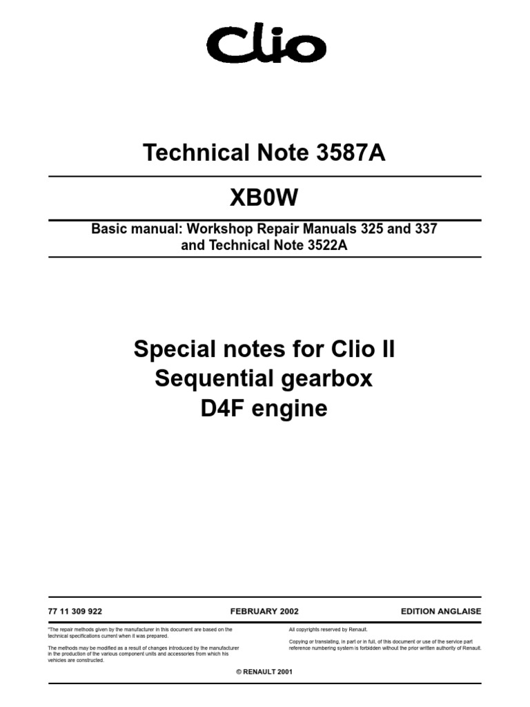 1.2 L Renault D4F I4 Special Notes For Clio II Sequential Gearbox PDF