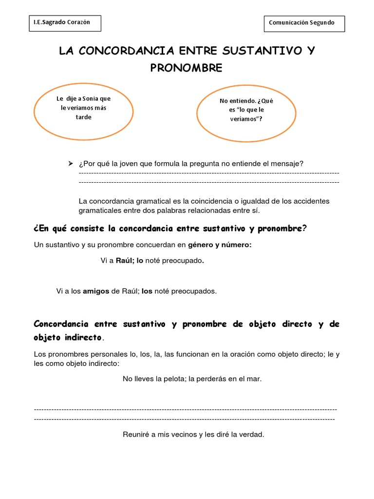Hoja De Trabajo De Concordancia Entre Sustantivo Y Pronombre