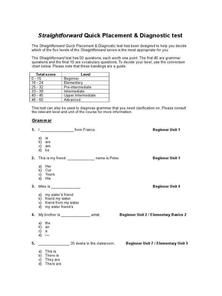 Quick Placement Test for Beginners | PDF