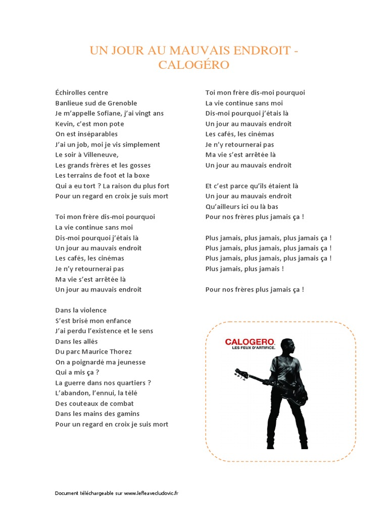 Paroles Un Jour Au Mauvais Endroit Calogero Pdf