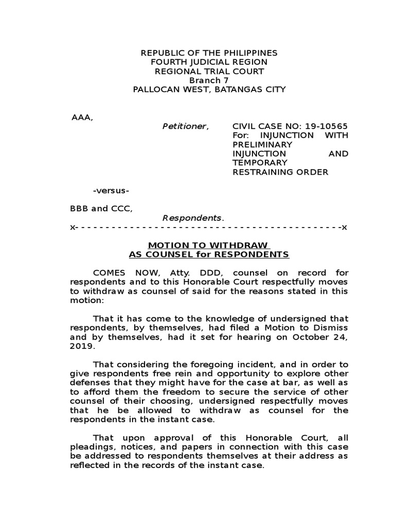 Motion Withdraw, Sample | PDF | Injunction | Legal Disputes