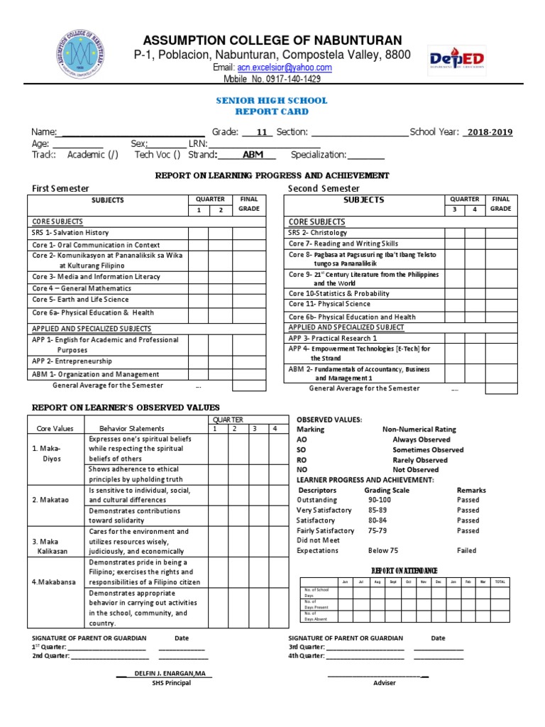 Grade 11 Senior High School Report Card | PDF | Literacy | Value (Ethics)