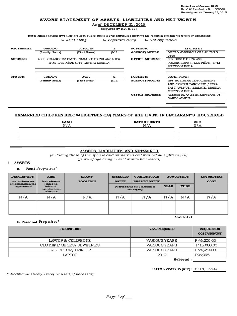 2015 SALN Form Blank | PDF | Identity Document | Government