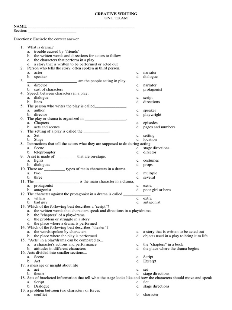 Creative Writing Unit Exam on Drama | PDF | Play (Theatre) | Entertainment