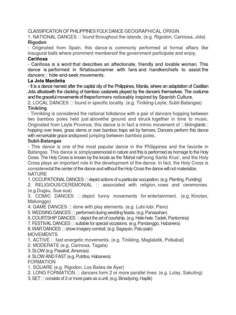 Classification of Philippines Folk Dance Geographical Origin PDF Dances Philippines