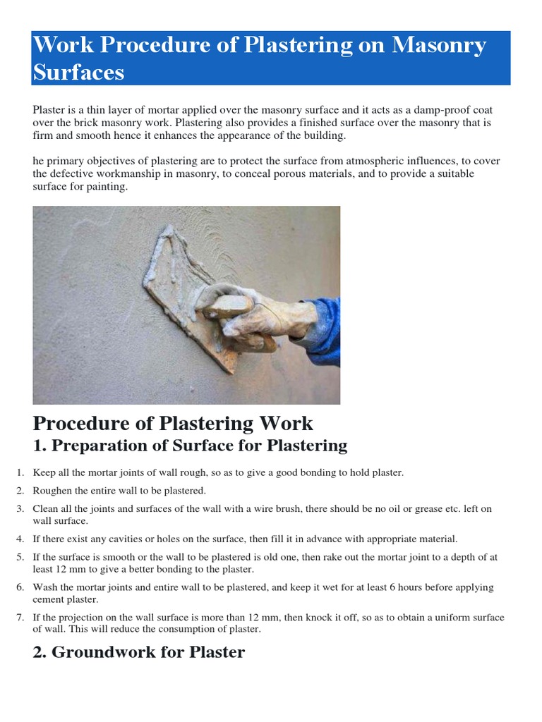 Work Procedure of Plastering On Masonry Surfaces PDF Plaster Masonry