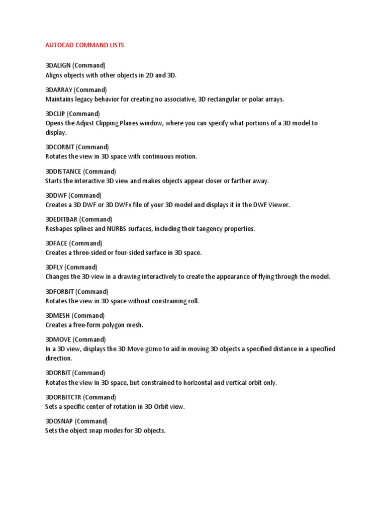 AutoCAD Command List Overview | PDF | 3 D Computer Graphics | 3 D Modeling