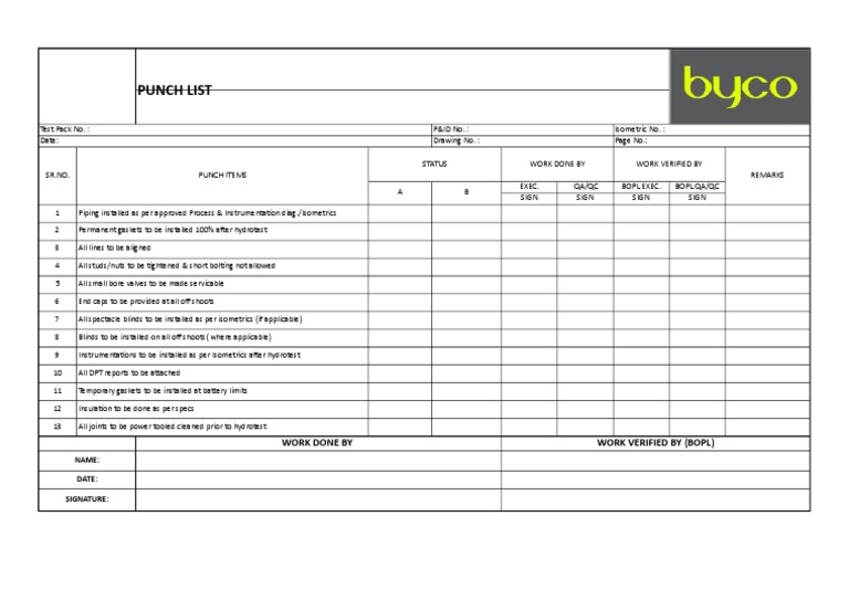 PUNCH LIST Piping PDF