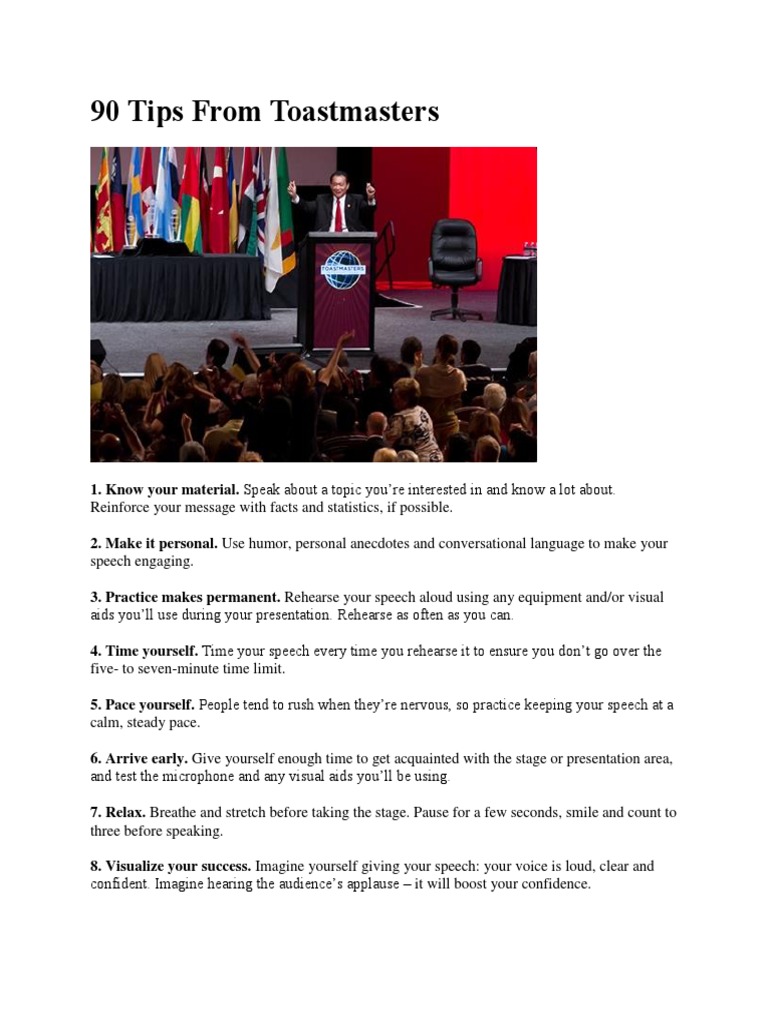 90 Essential Toastmasters Tips | PDF | Public Speaking | Speech
