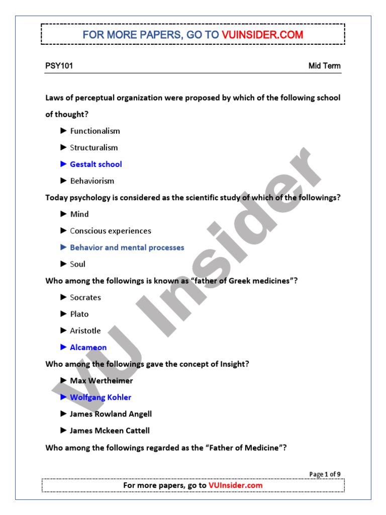 PSY101 Midterm Exam Questions and Answers | PDF | Reinforcement ...