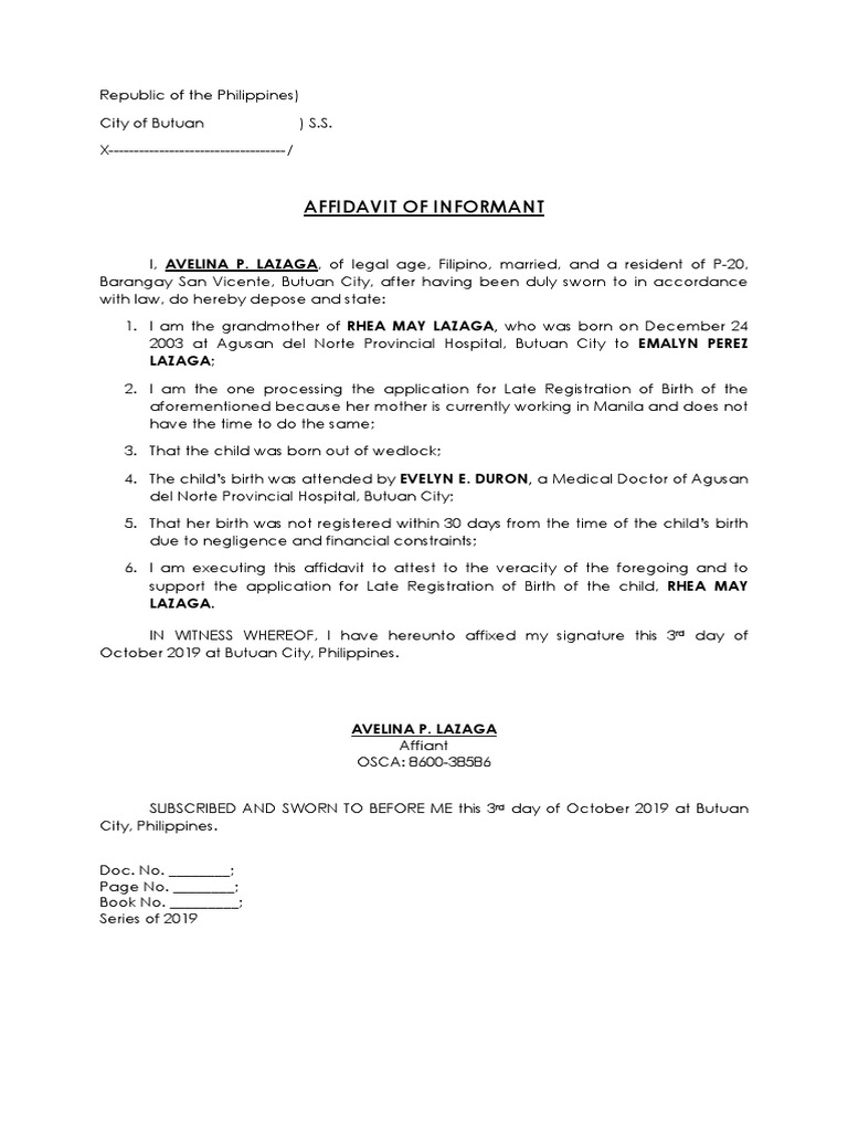 Affidavit of Informant for Birth Registration | PDF | Social Science