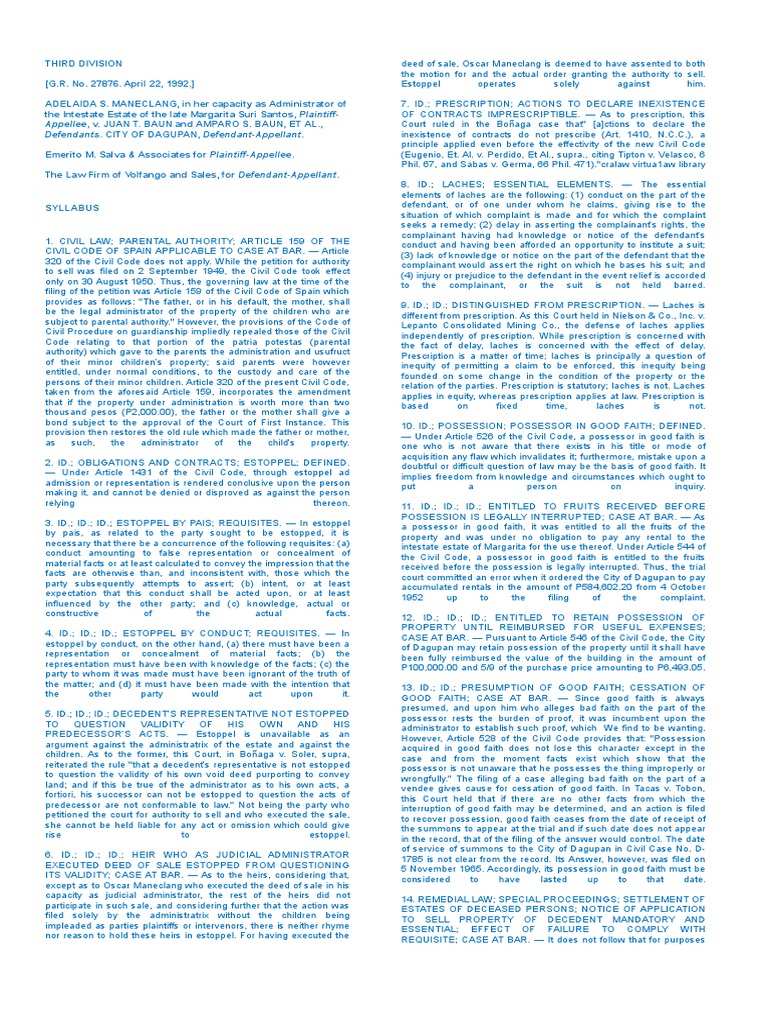 Adelaida Maneclang vs. Juan Baun PDF Estoppel Laches (Equity)