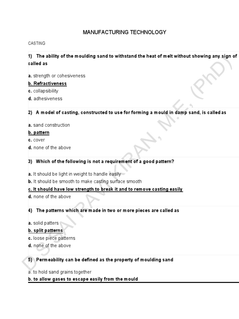 Metal Casting MCQ PDF Casting (Metalworking) Business Process