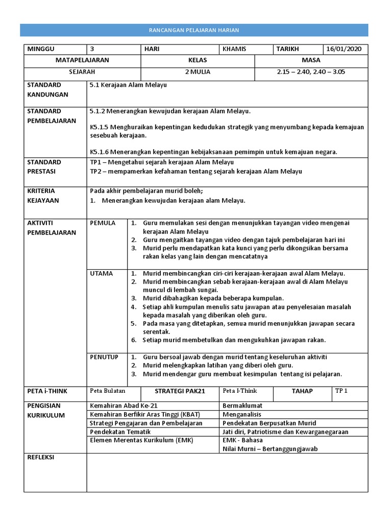 RPH SEJARAH TINGKATAN 2 KSSM (PAK21)