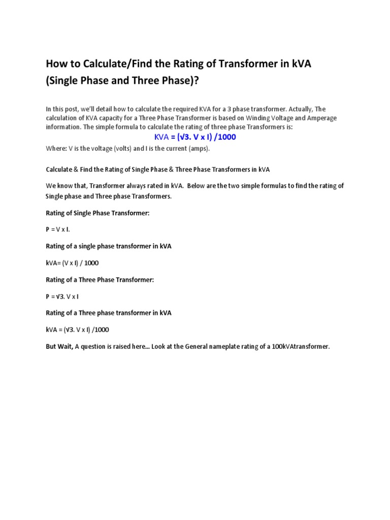 Calculate 3-Phase Transformer kVA | PDF | Watt | Volt