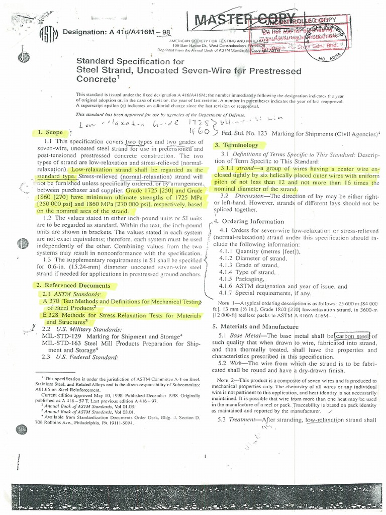 ASTM A 416-A416M - 98 - Standard Specification For Steel Strand ...
