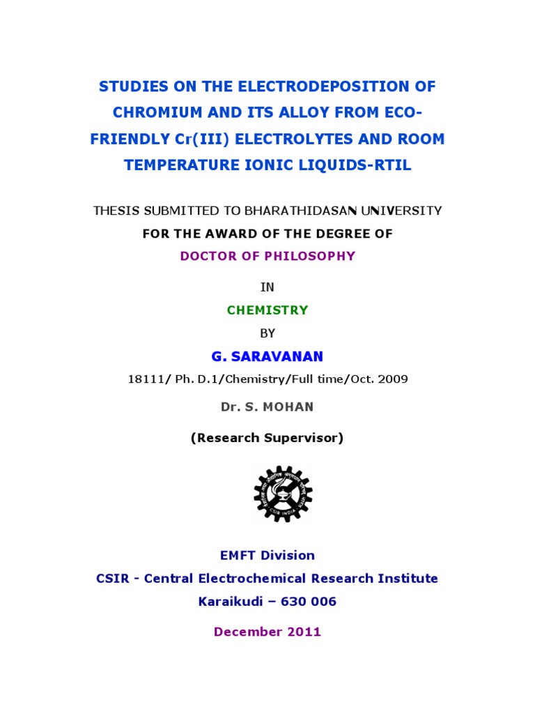Electroplating Thesis Chromium Salt Chemistry