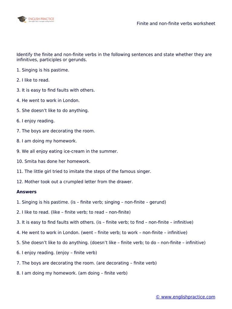 Finite and Non Finite Verbs Worksheet PDF