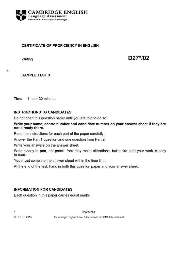 CambridgeEnglishProficiencyWritingSamplePaper3 v2 PDF Cognition Psychological Concepts