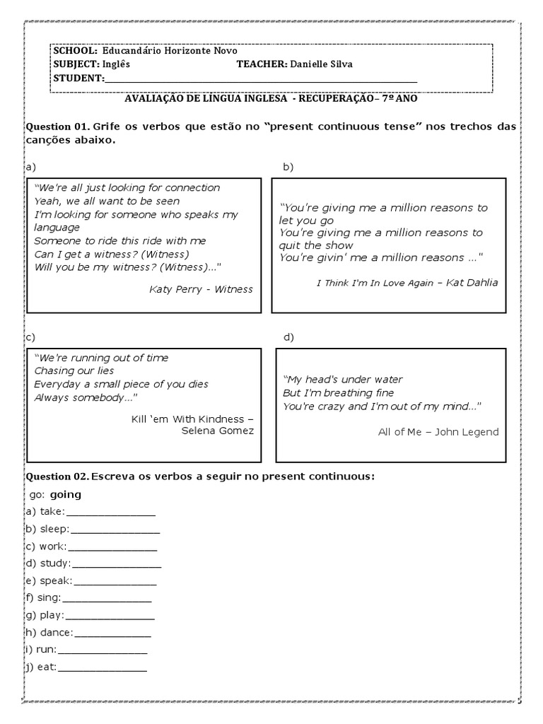 Atividade de inglês: Present Continuous Tense - 7º ano - Acessaber